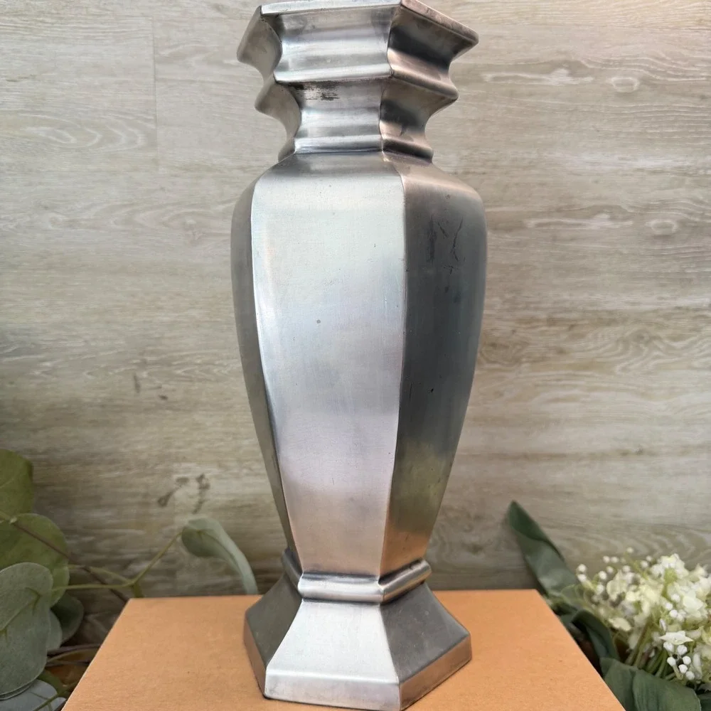 Pottery Barn Estate Vase Tall Hexagonal Silver Cast Aluminum Matte Finish Decor